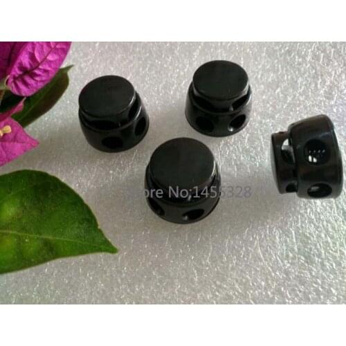 50pcs/lot big black plastic round ball cord lock toggles 2-hole stoppers 5mm bungee shock cord free shipping