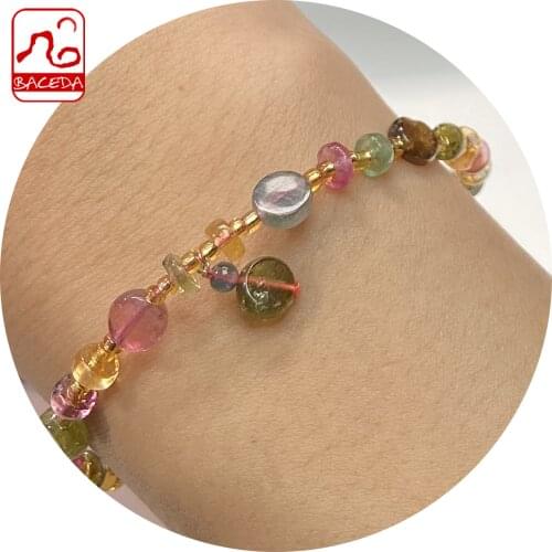 Baceda October Birth fosters compassion cool headedness Natural Crystals of Tourmaline Multi-Color Bracelet with Dangling Charm