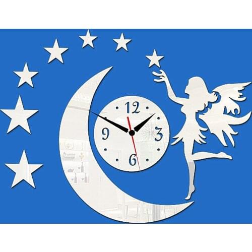 Free Shipping Wall Sticker Clocks Angel Mirror Surface DIY Wall Clock Personalized Kids Room Decoration Quartz Mute Acrylic