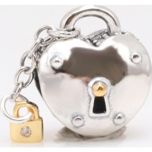 Bewill Genuine 925 Sterling Silver Two-tone heart lock charm fit Original bead Bracelet Jewelry Making DIY Gift