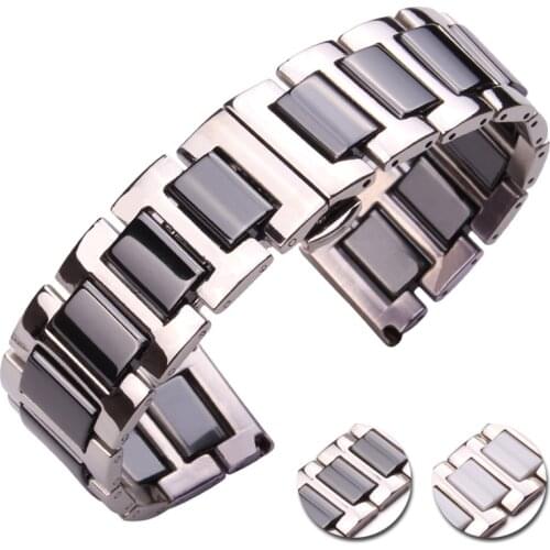 16 18 20mm Stainless Steel Bracelet Middle Ceramic Links Watch Band Men Lady White Black Clock Accessories Watchband Strap