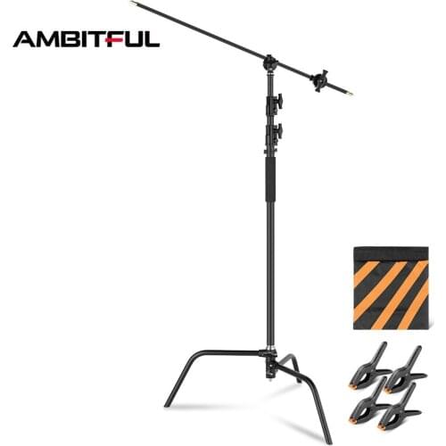 Black Heavy Duty Light Stand with Detachable Base 5-10 feet/1.6-3.2 meters Adjustable C Stand with 2 Risers for Photography
