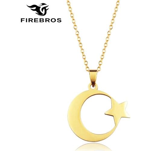 FIREBROS 2021 Stainless Steel Crescent Moon Star Necklace Men Women Spiritual Islamic Muslim Pendant Turkish Religious Jewelry