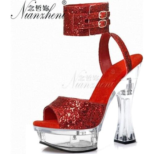 Flash powder Bling Crystal Spool heels Womens Sandals 14cm Super High heeled shoes Party Models Party Dress Sexy Fetish 6 inches
