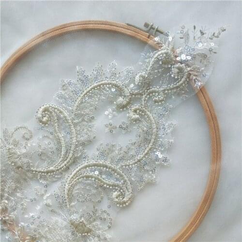 Delicate Lace Bodice Applique With Silver Tubular Beaded And Sequins On Off White Mesh Wedding Bridal Accessory
