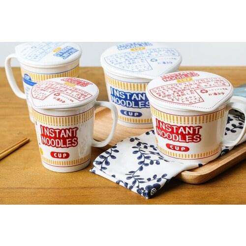 Ceramic Instant Noodle Bowl with Lid and Handle Instant Noodle Cup Soup Bowl Microwave Oven Dishwasher Available Blue Red