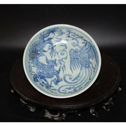 CHINESE OLD BLUE AND WHITE DRAGON AND PHOENIX PATTERN PORCELAIN SMALL PLATE