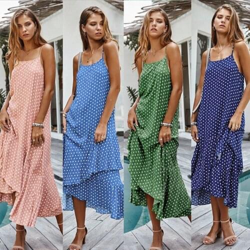Fashion Women Summer Sexy Long Dresses Female Suspenders Polka Dot Dress Bohemian Ruffled Holiday Style Sundress Party Dress