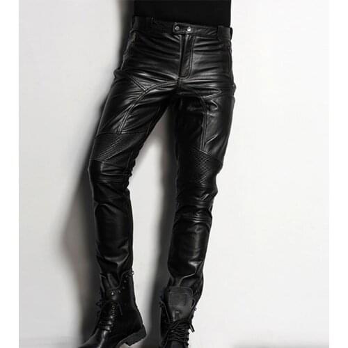 Mens Leather Pant Slim Leather Skinny Biker Pants Motorcycle Punk Rock Pants Tight Gothic Leather Pants For Men TJ08