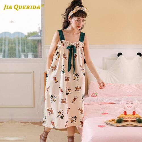 New Soft Woman Girl Homedress Night Wear Nighties for Woman Night Gown Sleep Shirt Long Shirt Printing Bow Woman Clothes