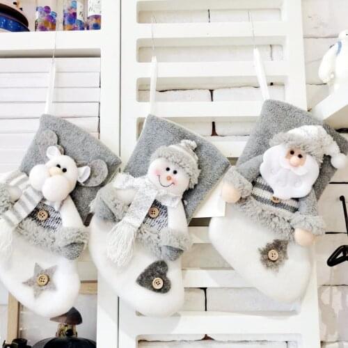 New Year Christmas Stockings Socks with Snowman Santa Elk Bear Printing Xmas Candy Gift Bag Fireplace Xmas Tree Decoration
