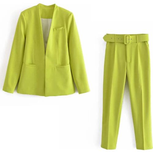 Za Women 2021 Fashion Solid Color Blazers Coat Vintage Long Sleeve OL Female Outerwear And High Waist Belt Suit Pants Chic Sets