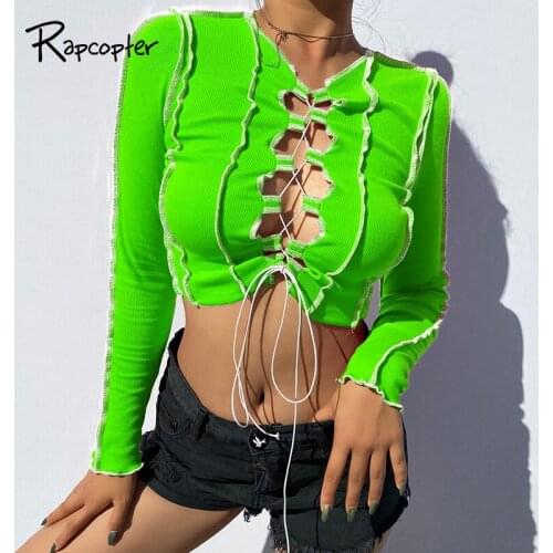 Rapcopter Cross Lace Up T Shirt Hollow Out Sexy Crop Top Contrast Long Sleeve Pullovers Skinny Harajuku Party Top Clubwear Women