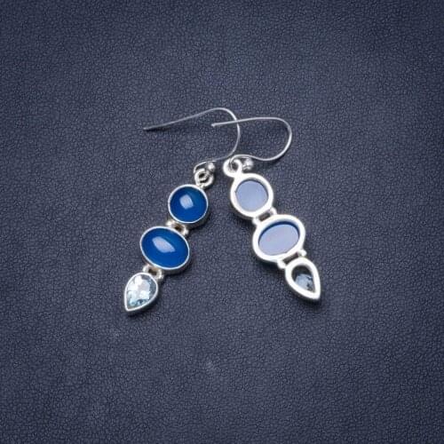 Natural Chalcedony and Blue Topaz Handmade Unique 925 Sterling Silver Earrings 1.5" Y1498