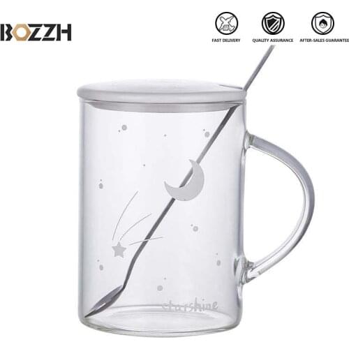 BOZZH Ins Style Glass Mug With Lid And Spoon Heat Resistant Glass Mugs Handle Coffee Milk Star Pattern Cups Nice Gifts