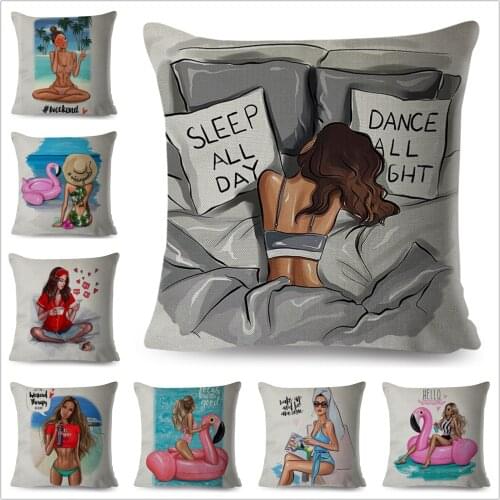Sleep All Day Super Sexy Cartoon Girl Pillow Case Linen 45*45cm Decor Cartoon Girl Cushion Cover for Car Sofa Home Pillowcase