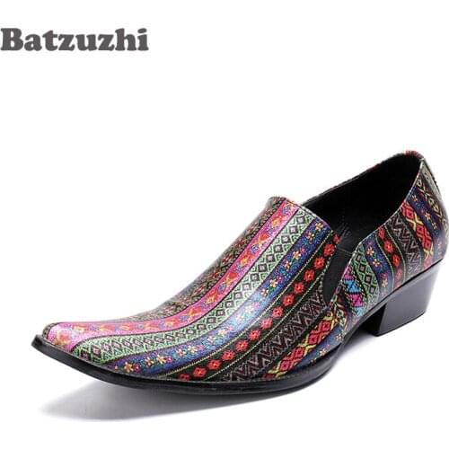 Batzuzhi 6.5cm Heels Men Shoes Pointed Toe Muti Color Vintage Genuine Leather Men Dress Shoes Party, Business Zapatos Hombre
