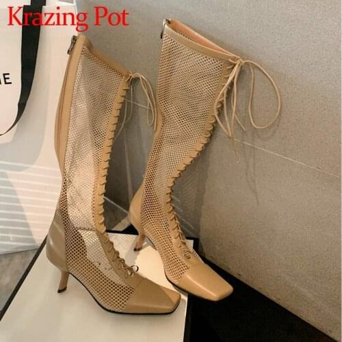 Krazing Pot spring summer season new arrival genuine leather square toe sexy mature solid med heels lace up thigh high boots L52
