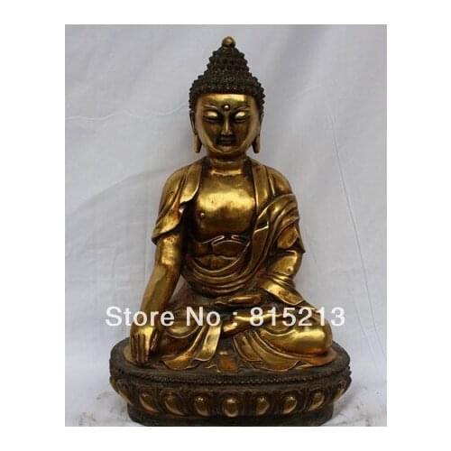 Wang 00097 16"Tibet Tibetan Chinese Buddhism Religion Bronze Gilt Shakyamuni Buddha Statue