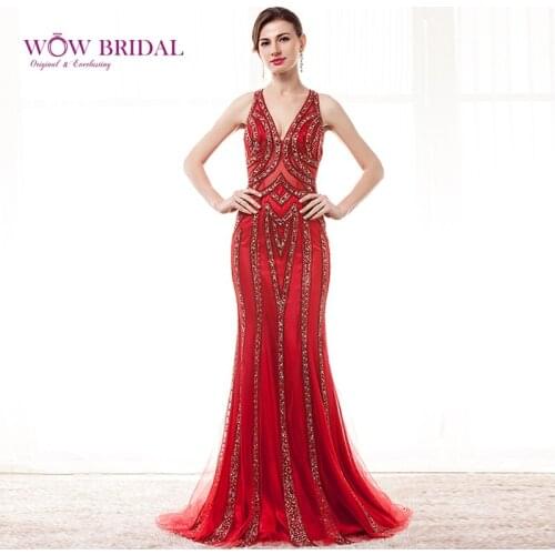 Wowbridal 2021 Elegant Red Mermaid Evening Dress Sexy V-Neck Backless Pattern Beaded Sweep Train Women Formal Evening Dresses