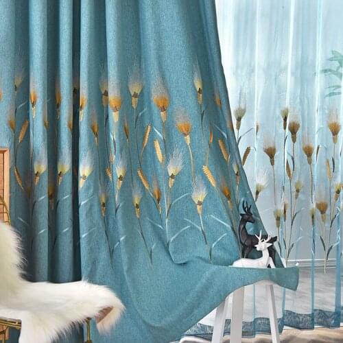 Curtains Nordic Modern Blackout Curtain for Bedroom Simple Wheat Ears Embroidered Window Curtain for Living Room Peacock Blue