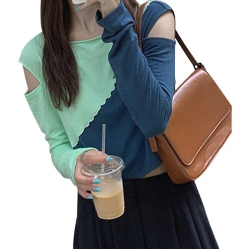 Womens Autumn Long-sleeved T-shirt Round Neck Short Hit Color Bottoming O Neck Tee Top