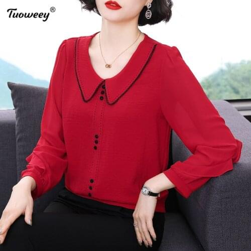 Womens Tops And Blouses solid red Chiffon Blolouse Shirt 2021 Fashion Women Blouses Long Sleeve Women Shirt Blusas Femininas
