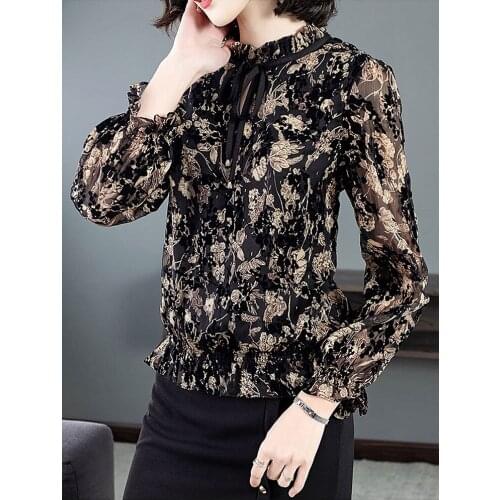 Fashion Spring Summer New Style Versatile Shirt Womens Slim Temperament Hollow High Collar Long Sleeve Printed Chiffon Shirt