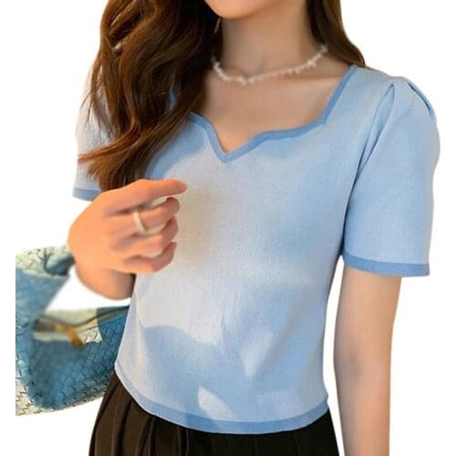 Womens Solid Color Square Collar Tee Summer Casual Slim Sweet Knitted Short Sleeve T-Shirt Tops