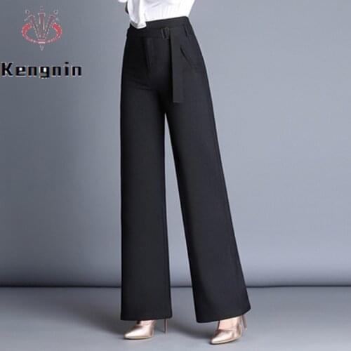 Wide Leg Pants Women 2021 Autumn Plus Size 4XL Loose Female Capris High Waist Belt Sashes Black Office Lady Work Trousers KN240