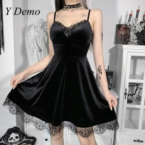 Y Demo Gothic Sexy Sling Dress Women Retro Sleeveless Lace Patchwork Velvet Dress For Female Summer