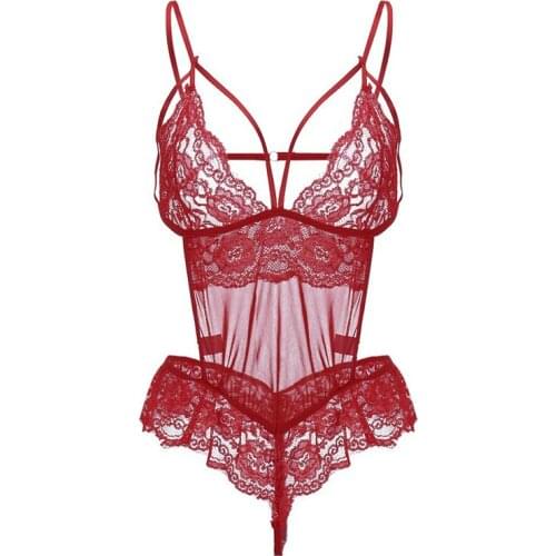 Women Hot Erotic Dress Sexy V-neck Underwear Transparent Lace Mesh Sheer Lenceria Sex Babydoll Costumes Bodysuits