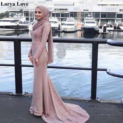 Muslim Lace Appliques Mermaid Pink Evening Dresses 2020 Women Party Night Robe De Soiree Arabia Vestidos Long Elegant Prom Dress