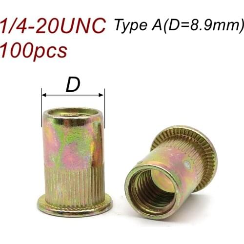 1/4-20UNC 100pcs/lot Amercian standard Inch thread Rivet Nut Insert nut Carbon Steel Flat Head Rivet nut Yellow Zinc plated