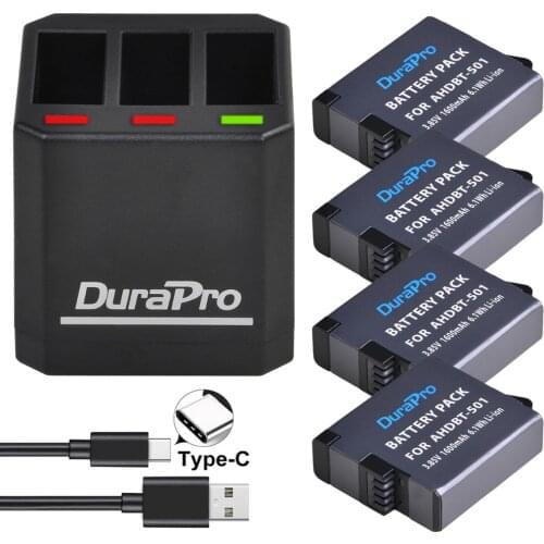 4x 1600mAH AHDBT-501 Battery + USB 3-Ports Charger with Type C Port For GoPro Hero7 Hero 6 Hero 5 Action Cameras