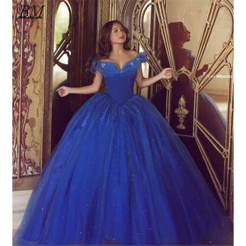 2021 Royal Blue Puffy Quinceanera Dress Tulle Appliques Beaded Birthday Prom Party Sweet 16 Gown Vestidos De 15 Años BM682