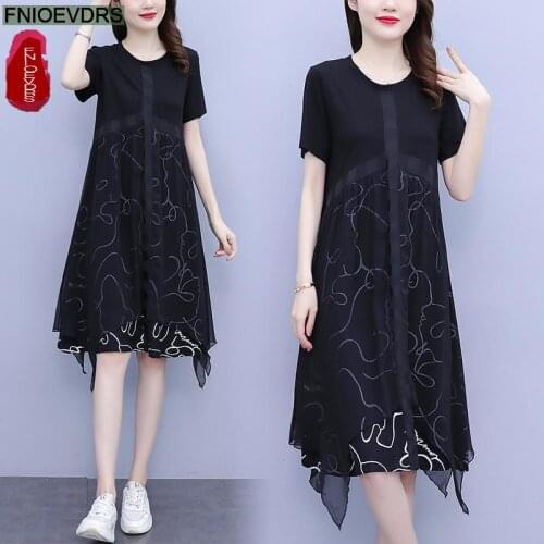 2021 Summer Women Casual Patchwork Black Mesh Loose Maxi Plus Size Dress