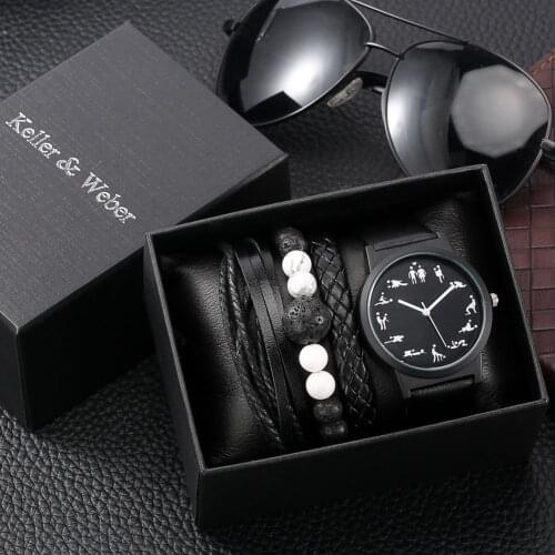 2021 Fashion Fun Quartz Watch Retro Black Bracelet Suits for Men Leather Strap Wristwatch Jewelry Stone Beads Braided Gifts Set