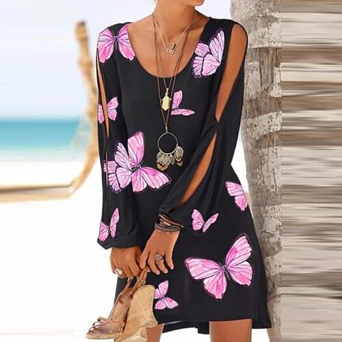 40# Butterfly Printing Dress Womens Harajuku Casual Round Neck Openwork Long Sleeve Off Shoulder Dress Mini Dress Robe Femme