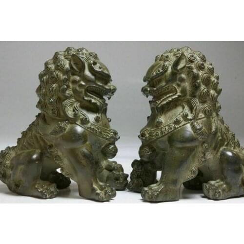 6" Antique Fengshui Bronze Guardian Foo Fu Dog Lion Door Leo Statue Lions Pair