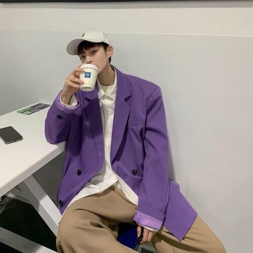 Apricot/Purple/Black Formal Blazer Mens Fashion Society Mens Suit Jacket Korean Loose Casual Double Breasted Dress Jacket Men