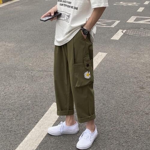 Pants Men Streetwear Hip hop Pants Mens Joggers Pants Casual Ankle length Trousers Elastic Army green Flower 2021