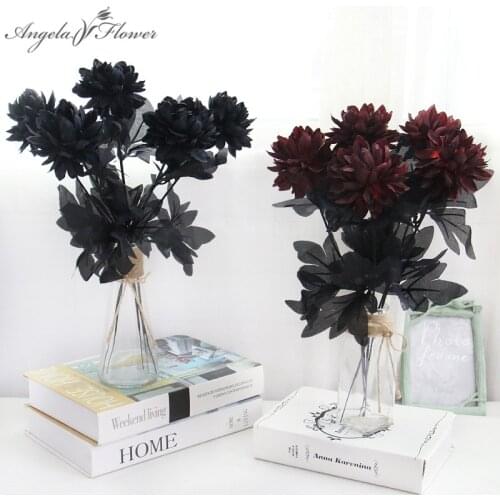 Black Artificial Flower Dahlia Single Branch Party Festival Halloween Decor DIY Wedding Fake Flower Room Home Decor Photo Props