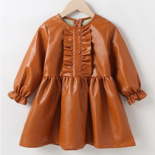 Kids Girls Brown PU Leather Dress 2021 New Arrival Children Princess Cute Pleated Dress Autumn Winter Clothing Korean Style 2-7Y