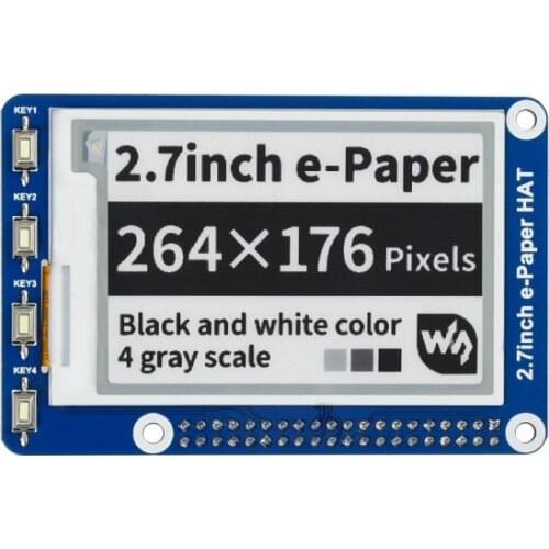 2.7inch E-Ink Display HAT for Raspberry Pi 4B / 3B / Zero WH, SPI Interface 264x176 Resolution