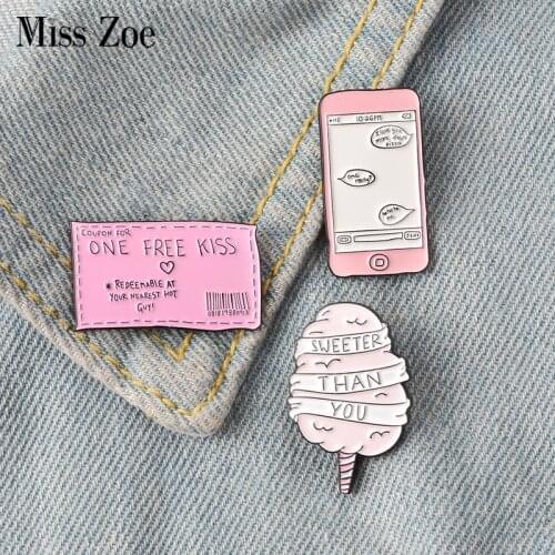 ONE FREE KISS Ticket Sweeter Candyfloss Enamel Pins Badges Brooches Lapel pin Denim Shirt Collar Sweet Pink Love Jewelry Gift