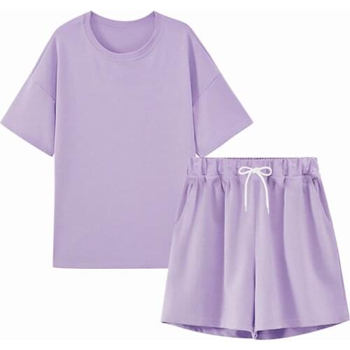 Summer Tracksuits Womens Two Peices Set Leisure Outfits Cotton Oversized t-Shirts High Waist Shorts Candy Color Clothing