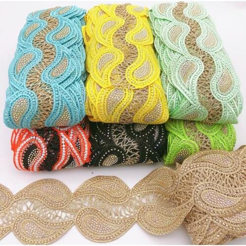 10yards many color rhinestone Embroidered Motif Lace Nigeria Venice Trim Crochet Cord Wide 8.5CM