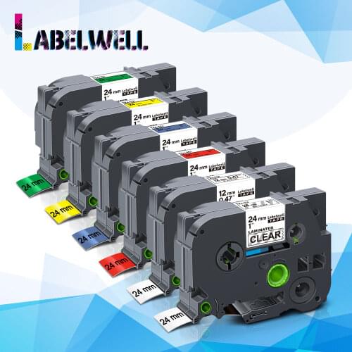 Labelwell 6Pcs 24mm Tze-251 Tze-151 for Brother P-touch label maker multicolor Laminated Label Tapes Tze-451 Tze-551 Tze-651 751