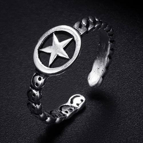 Trendy Vintage Star Shape Antique Silver Plated Punk Hiphop Rock Style Resizable Rings for Women Girl & Man Retro Party Jewelry